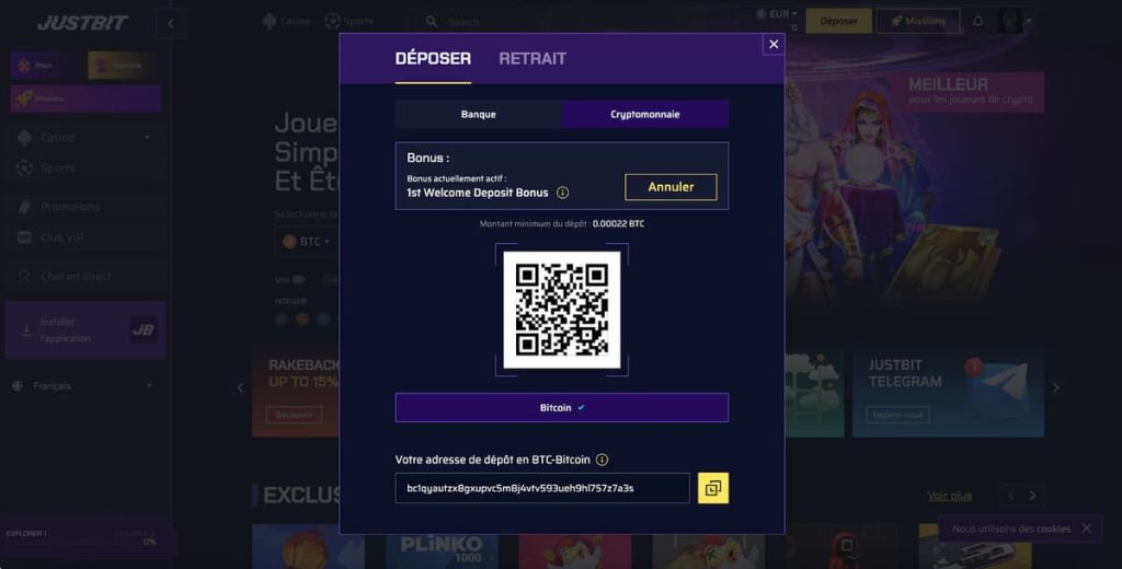 Justbit Casino moyens paiement dépôt