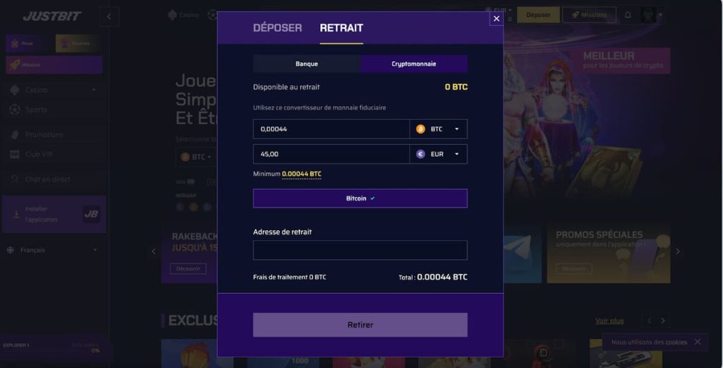 Justbit Casino moyens paiement retrait